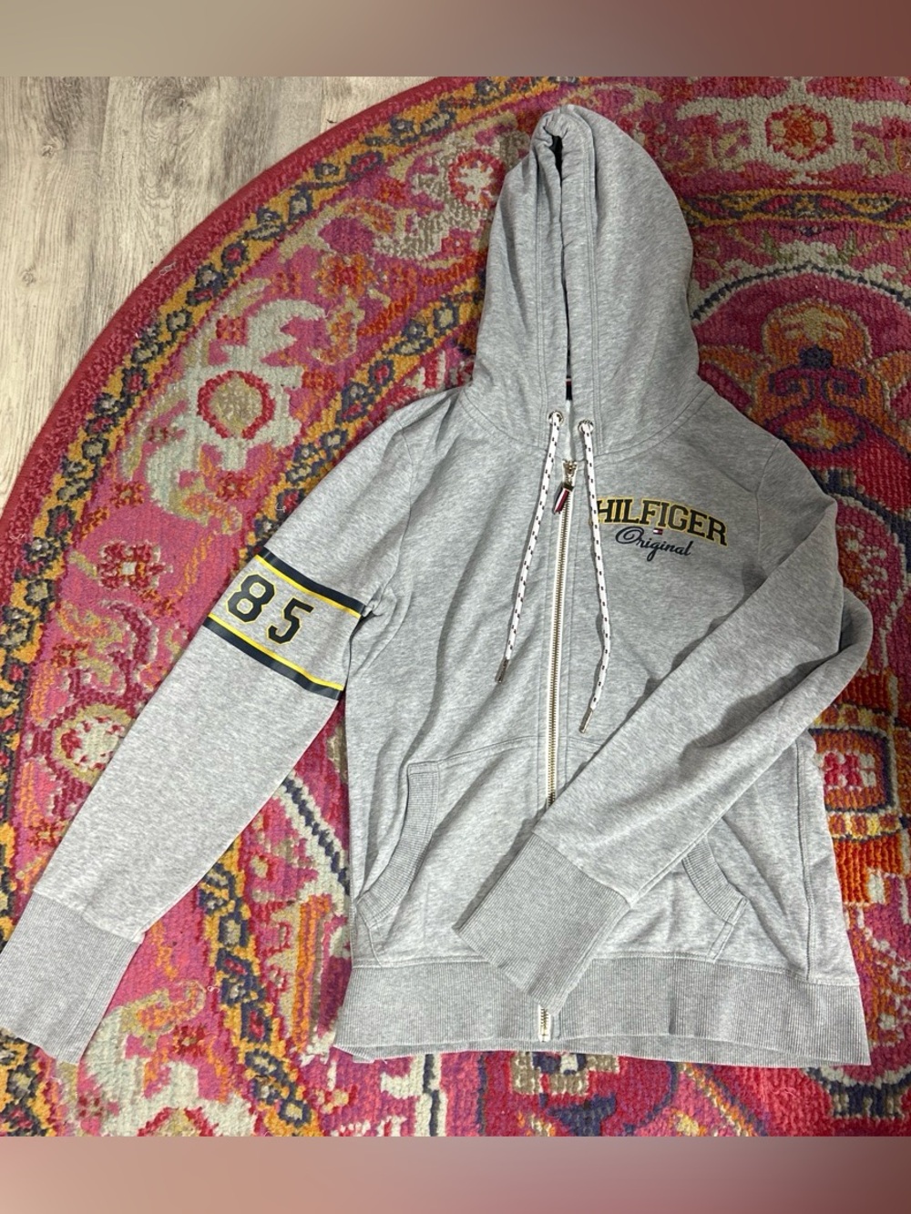 Tommy Hilfiger Light Gray Zip-Up Hoodie with Yellow & Black Sleeve Detail